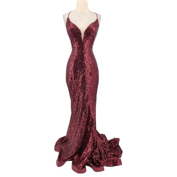 The Secret Dress by Alyce Paris Burgundy Sequin Gown – Size 8 - Open Back Train - Picture 14 of 14